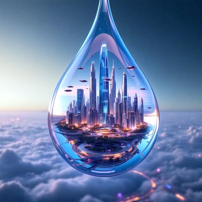 The primary subject of the image is a large, clear glass globe filled with water. The globe is filled with a cityscape, showcasing a futuristic city with tall buildings and flying vehicles. The setting is a cloudy sky, which serves as the backdrop for the cityscape. The visual style of the image is a combination of photo and digital art, creating a unique and captivating representation of the city. The colors and mood of the image are predominantly blue and purple, giving it